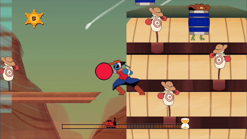 A screenshot of The POW-er punching through a group of barrels with a water tower in the background.