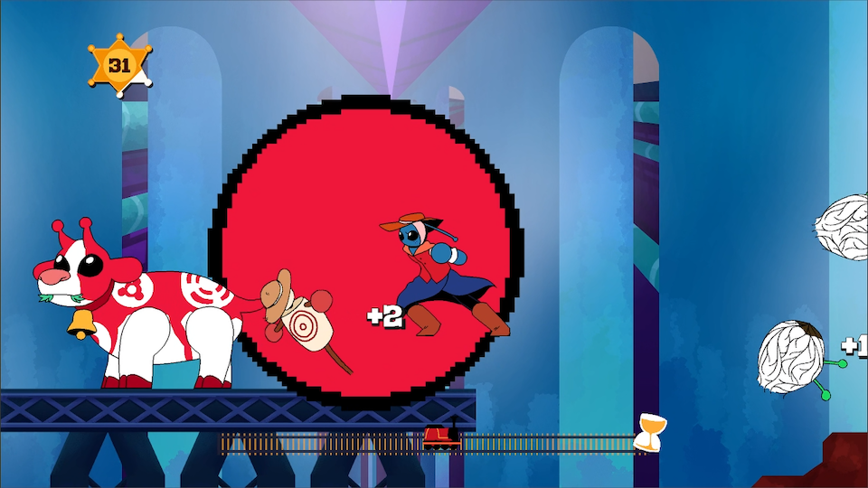 A screenshot of The POW-er punching through a cow and a scarecrow in a futuristic factory.