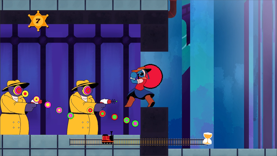 A screenshot of The POW-er confronting two secret agents in a futuristic factory.