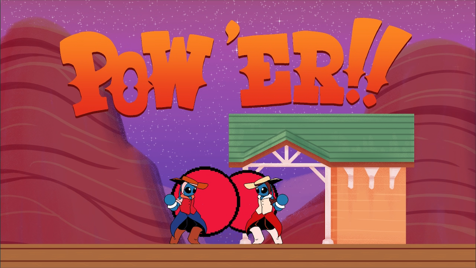 A screenshot of The POW-er in a showdown against another Punchslinger during twilight