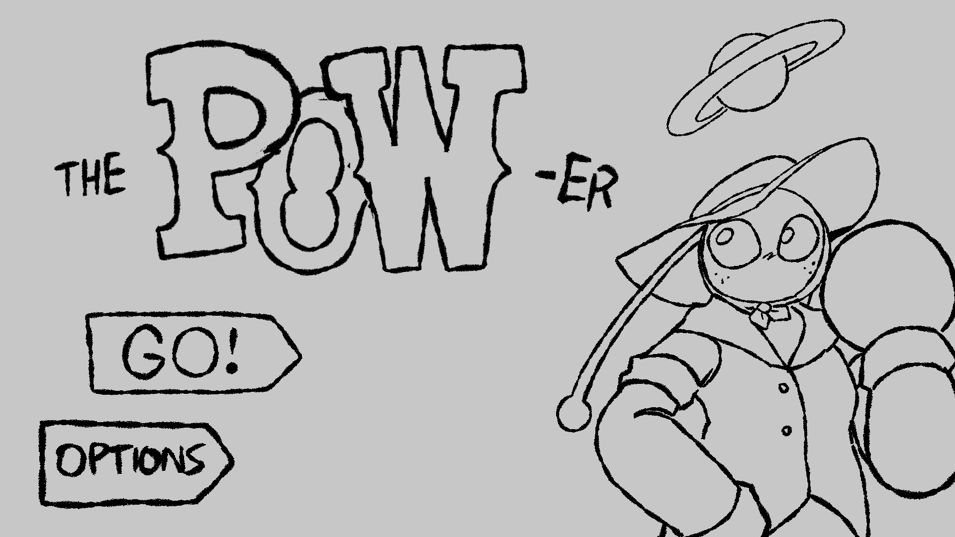 The original sketch of the title screen, which shows The POW-er casually posing aside the title text.