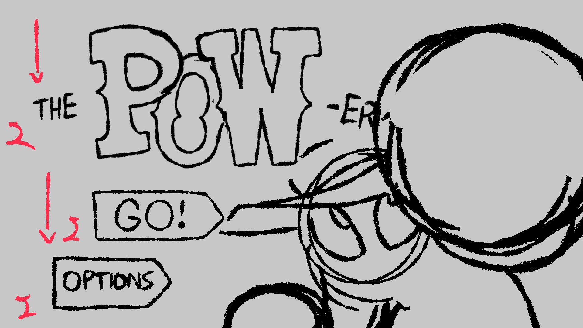 A sketch of the final title screen used in The POW-er, showing the main character punching towards the camera aside the title text.